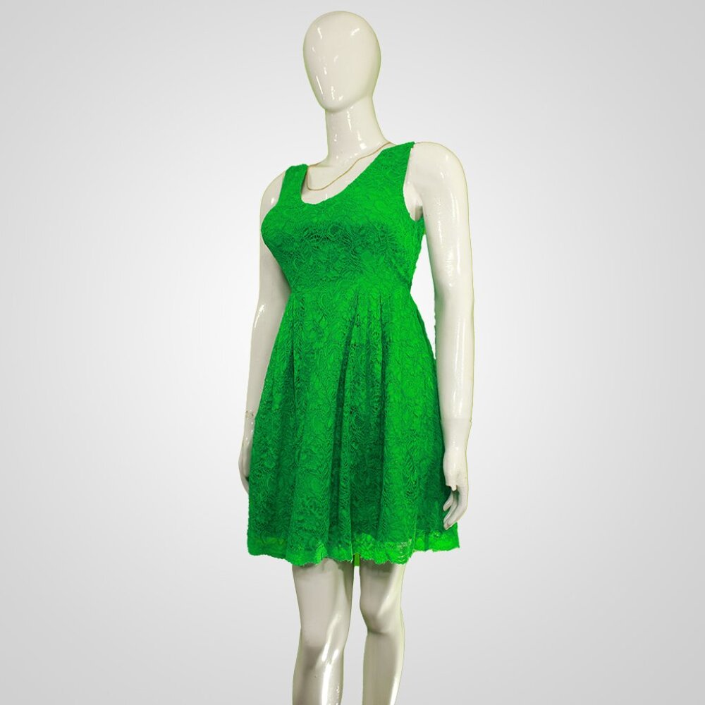 Swinging Sixties Vibe - Vintage Emerald Lace Sleeveless A-Line Dress,